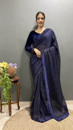 Vastranavya Dark Purple Rangoli Silk Swarovski work Ready to Wear Saree | Grocsy