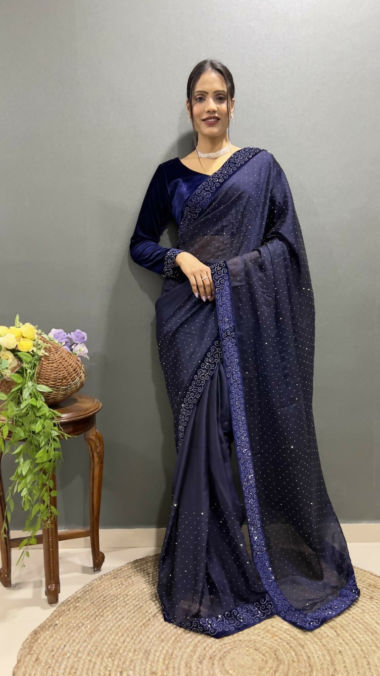 Vastranavya Dark Purple Rangoli Silk Swarovski work Ready to Wear Saree | Grocsy