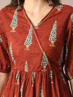 Myshka Women's Rust Printed Cotton V-Neck Empire Party Dress | Grocsy