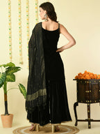 Myshka Women's Black Velvet Kurti & Sharara With Dupatta Party Sets | Grocsy