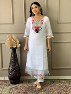 Partywear Designer Chanderi With Cotton Lining White Stitched Suit With Dupatta - Tanisha | Grocsy
