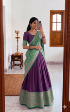 Teeya Creation Wine Traditional Lehenga Choli Set Featuring Intricate Purple and Gold Zari Detailing | Grocsy