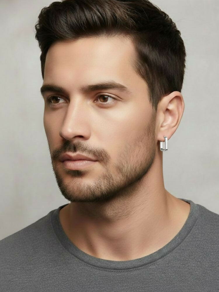NVR Men's Silver Plated Geomatric Shaped Hoop Earrings | Grocsy