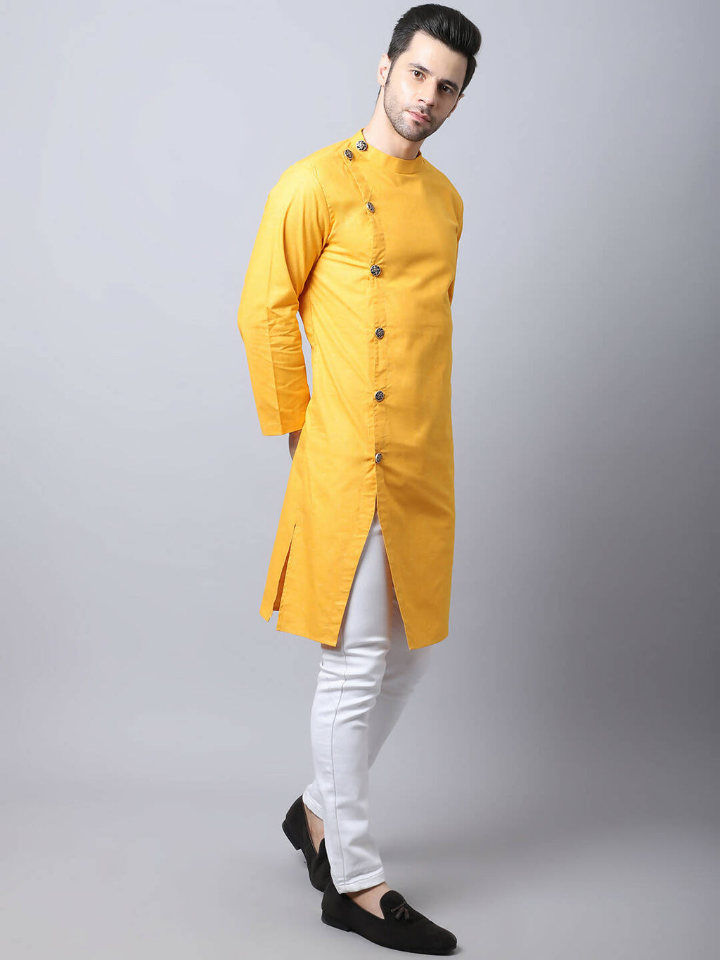 Even Apparels Yellow Pure Cotton Sherwani Kurta With Asymetrical Cut | Grocsy