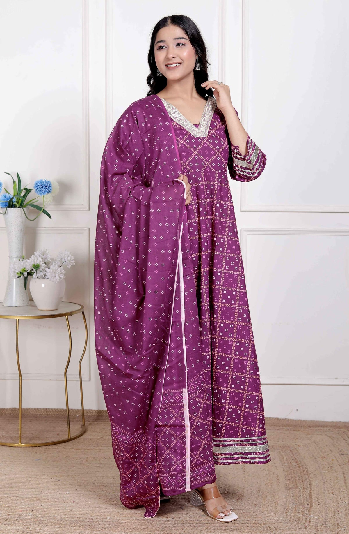 Miravan Women's embroidred Bandhani Ethnic Anarkali Kurta and Dupatta | Grocsy