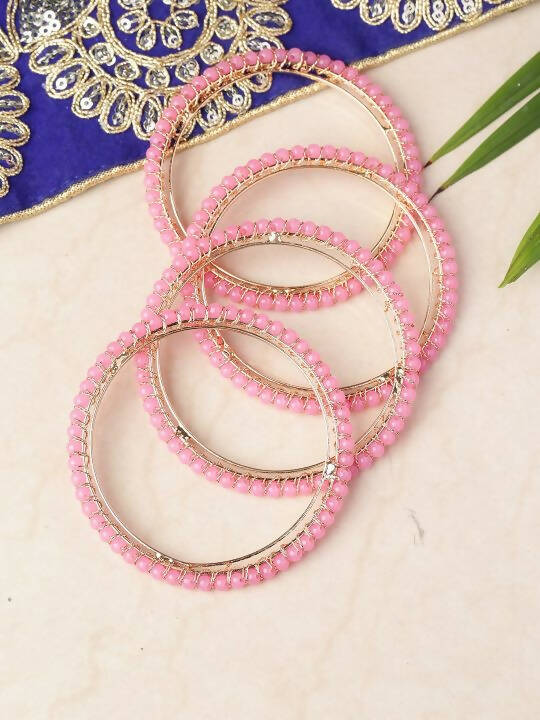 Priyaasi Women Set Of 4 Gold-Polished Pink Beaded Bangles - Noz2Toz