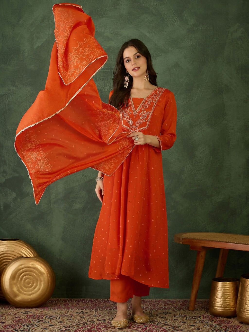 The52 Orange Women's Gorgeous Embroidered Chinon Fabric Flared Kurta Pant and Dupatta Set | Grocsy