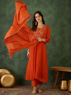 The52 Orange Women's Gorgeous Embroidered Chinon Fabric Flared Kurta Pant and Dupatta Set | Grocsy
