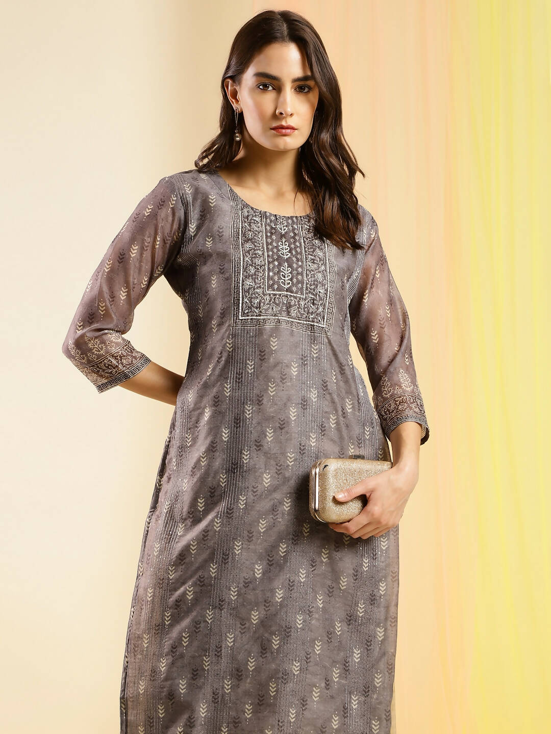 Grey Chinon Digital Printed With Hand Work Kurta - Himanshi | Grocsy