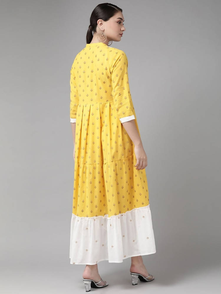 Yufta Women Yellow & White Cotton Embellished Ethnic Motifs Print Tiered Maxi Dress | Grocsy
