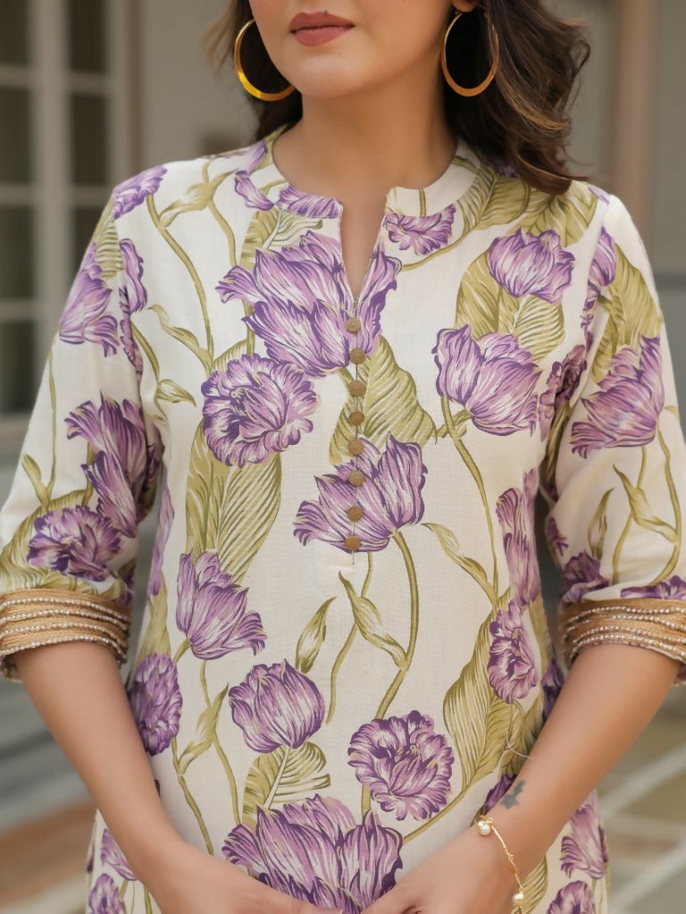 Aramya Straight Linen Cotton Floral Print Women's Kurta - Off White | Grocsy