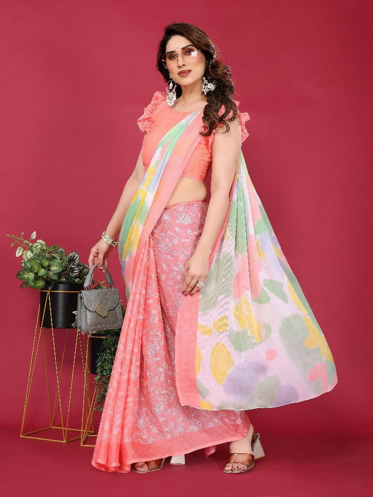 PR Fashion Peach Moss Chiffon Printed Saree | Grocsy