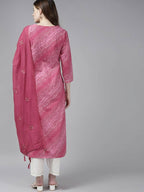 Yufta Women Pink Bandhani Yoke Design Pure Cotton Kurta with Palazzo and Dupatta | Grocsy