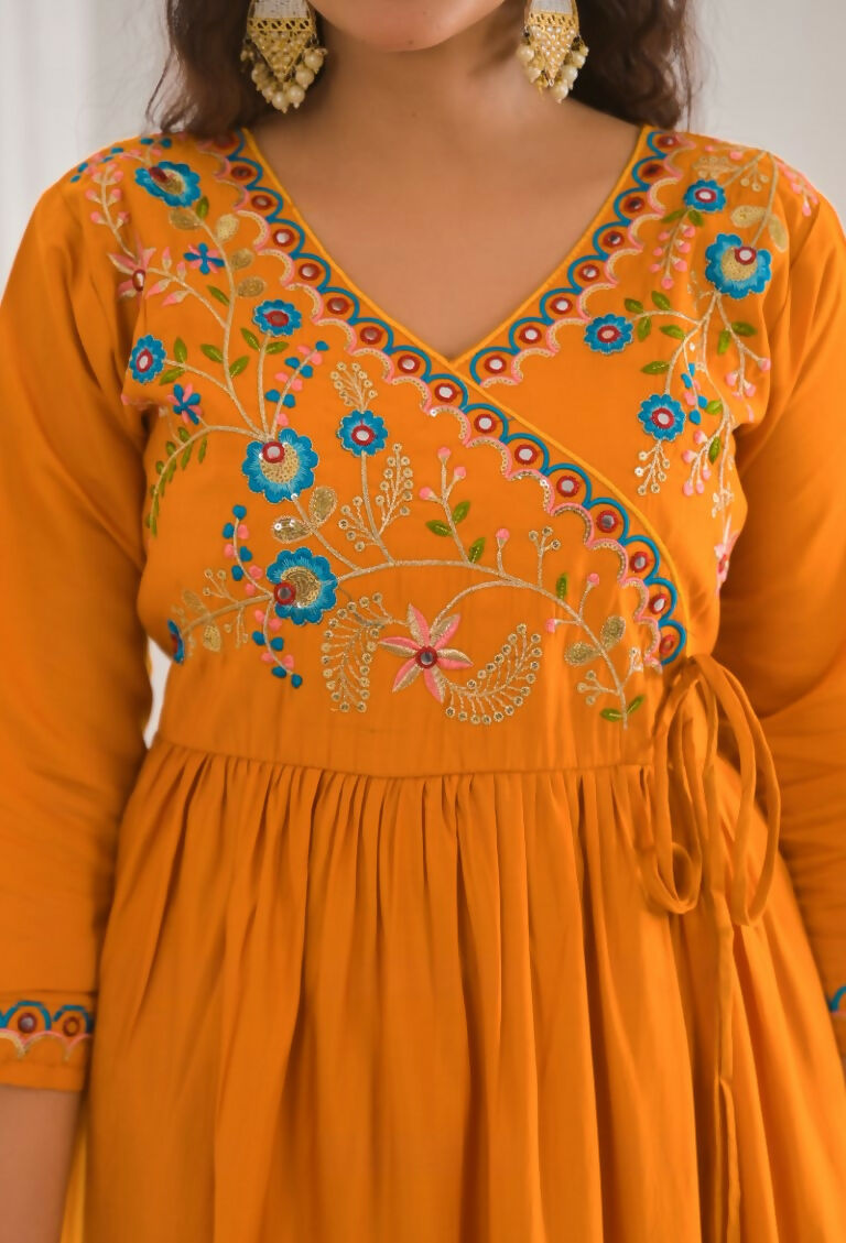 Ethnic Festive Wear Viscose Chanderi orange Stitched Suit With Dupatta - Tanisha | Grocsy