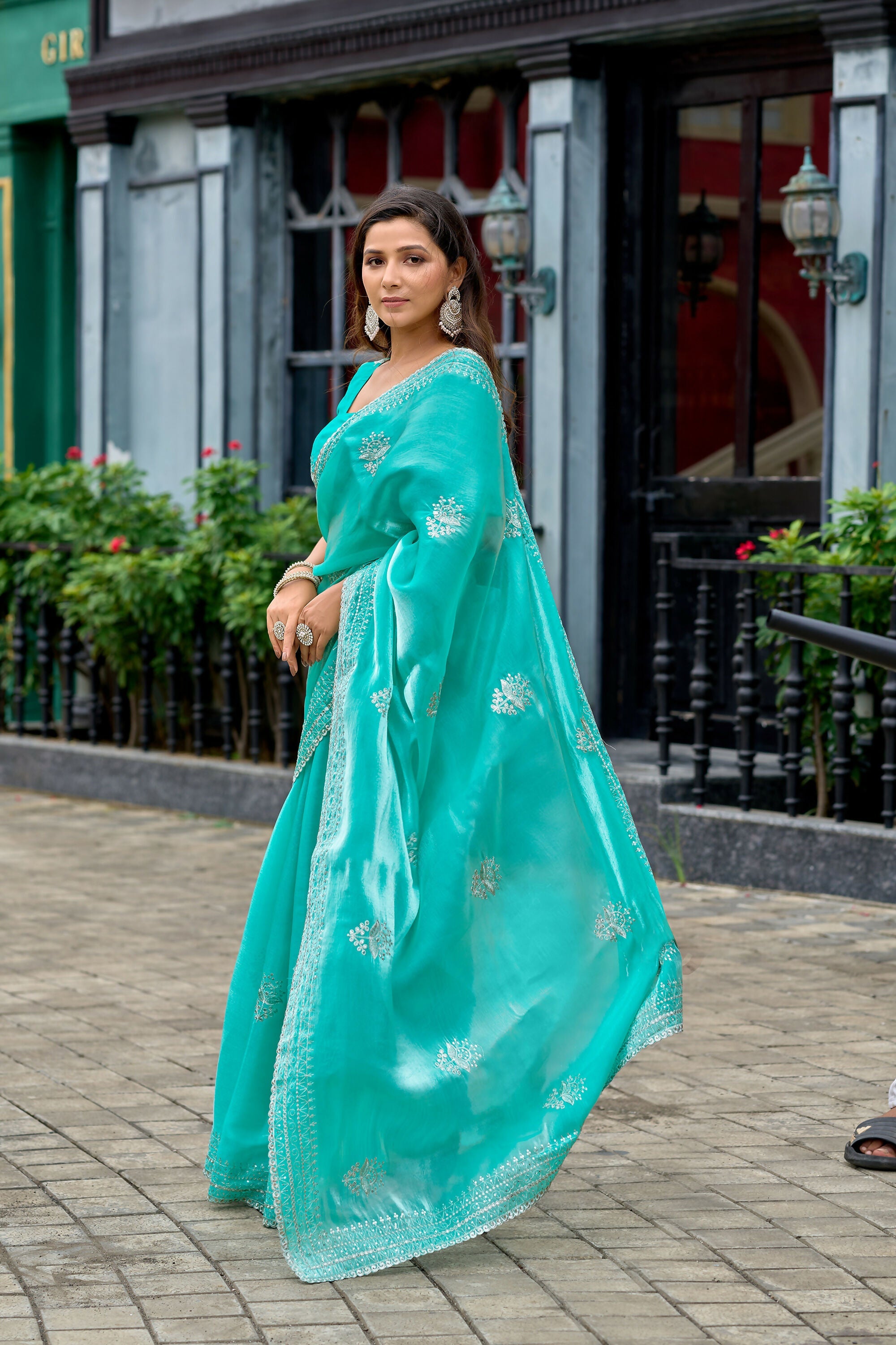 Vastranavya Turquoise Embroidery Work Shimmer Chiffon Saree with Unstitched Blouse | Grocsy