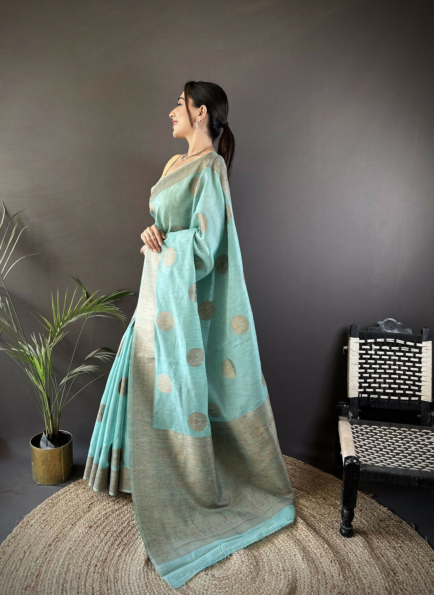 Joban Fashion Sky Blue Floral & Paisley Linen Silk Banarasi Saree | Grocsy
