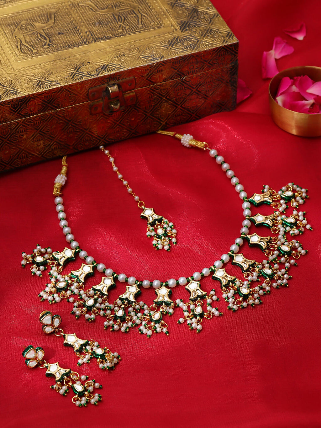 Ruby Raang Gold Polished Kundan Work Green Kundan Collar Necklace With Earrings & Maang Tikka | Grocsy