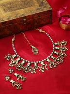 Ruby Raang Gold Polished Kundan Work Green Kundan Collar Necklace With Earrings & Maang Tikka | Grocsy