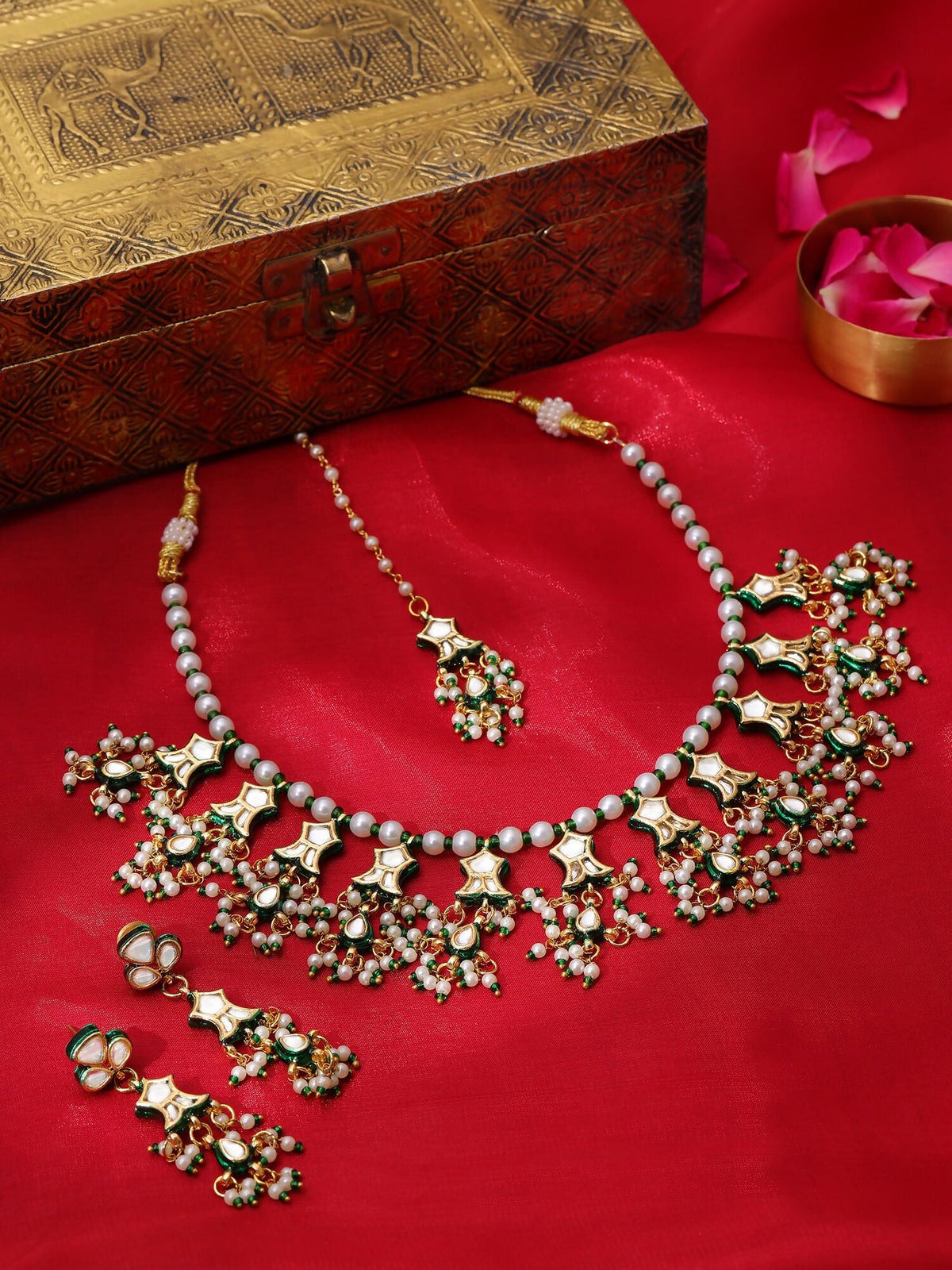 Ruby Raang Gold Polished Kundan Work Green Kundan Collar Necklace With Earrings & Maang Tikka | Grocsy