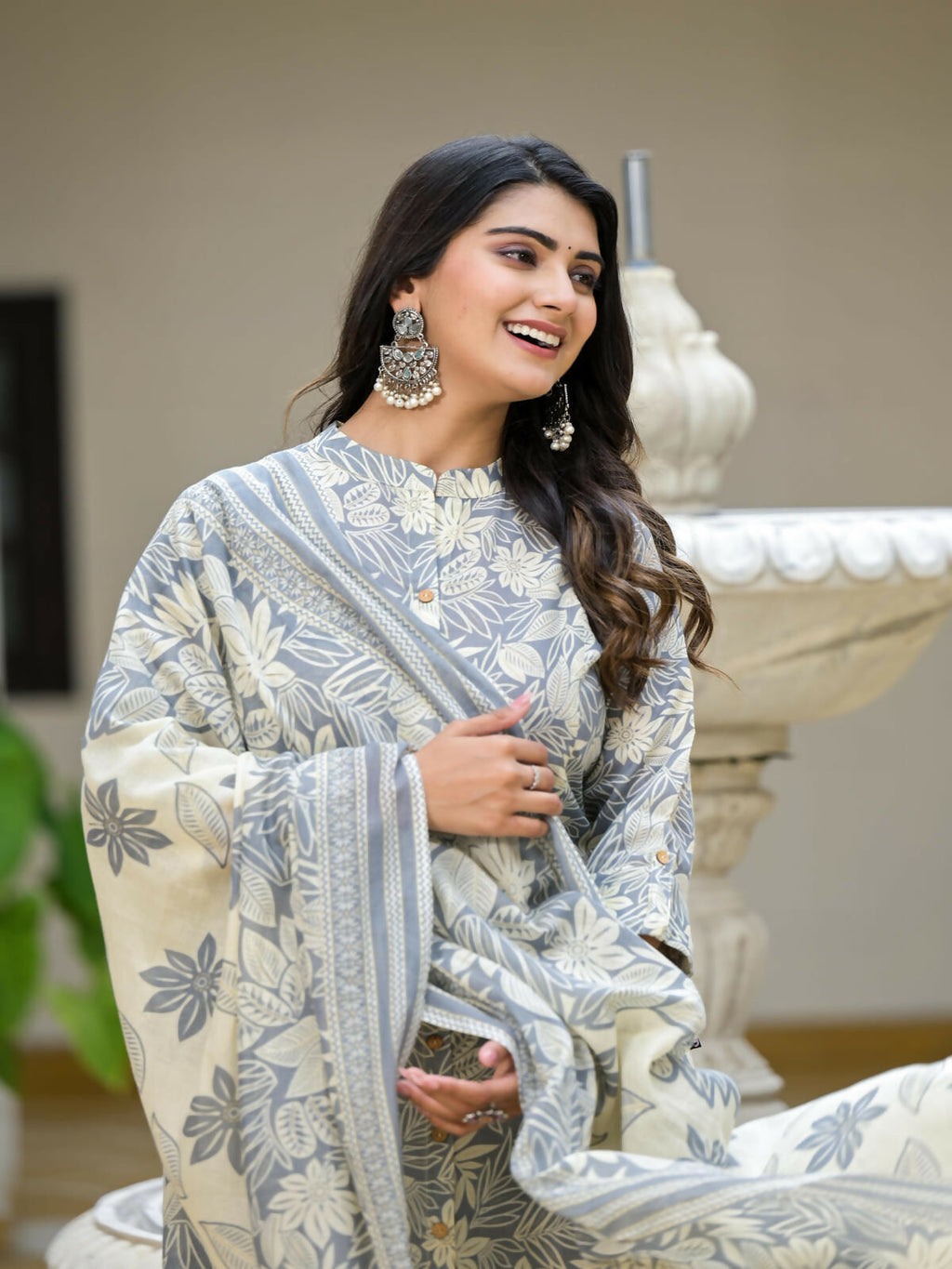 Juniper Women's Grey Floral Printed Cotton Kurta Set With Buttons | Grocsy