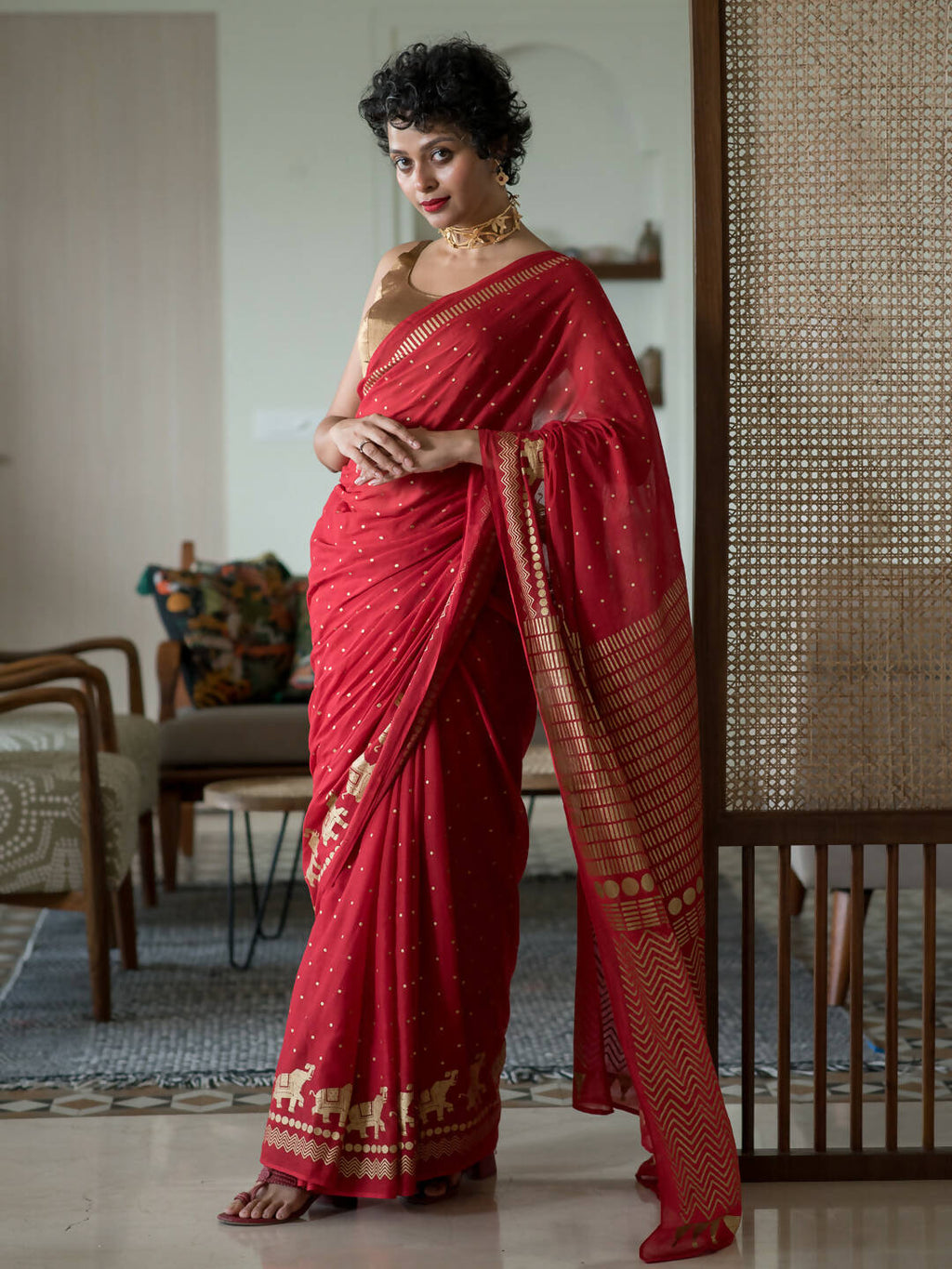 Suta Red Polka Dots Cotton Blend Saree | Grocsy