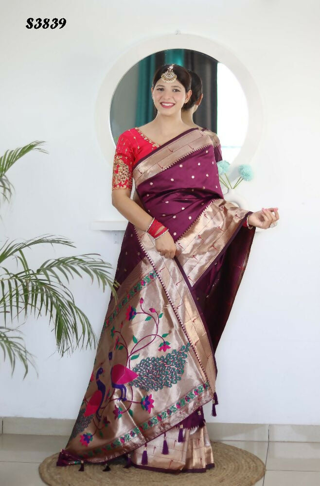 Wine Woven Jacquard Designer Embroidery Work Party Wear Saree - Parampara | Grocsy