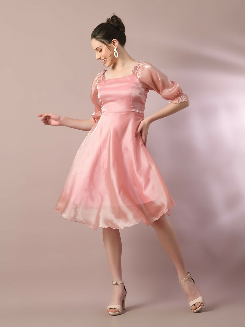 Myshka Women's Pink Solid Square Neck Fit and Flare Party Dress | Grocsy