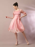 Myshka Women's Pink Solid Square Neck Fit and Flare Party Dress | Grocsy