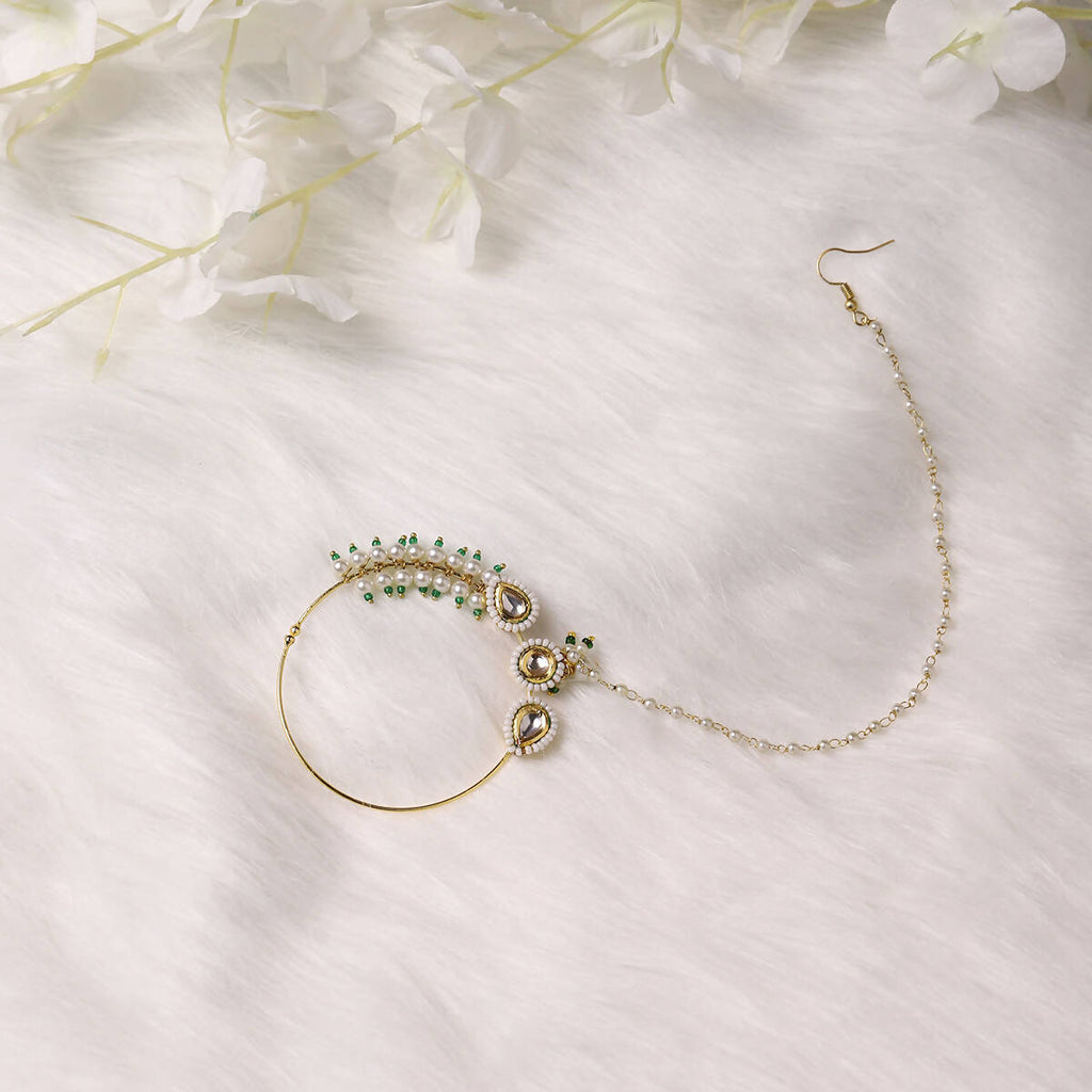 Gold-Polished White Kundan Studded Pearl Beaded Nose Pin - Ruby Raang | Grocsy
