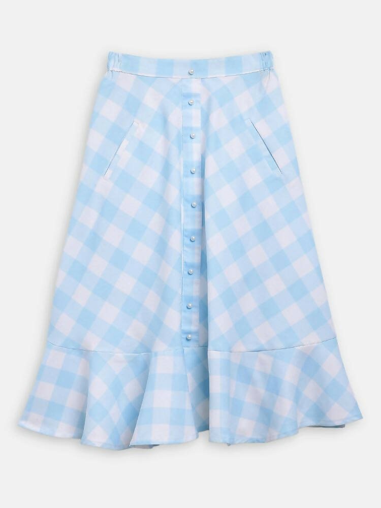 Ahalyaa Sky Blue Rayon Checked Kids Top With Skirts For Girls | Grocsy