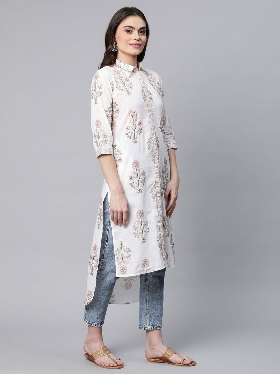 Ahalyaa Women's Off White Pure Cotton Floral Printed Kurta | Grocsy