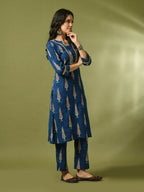 Myshka Women's Blue Printed Cotton Straight Party Kurta Set | Grocsy