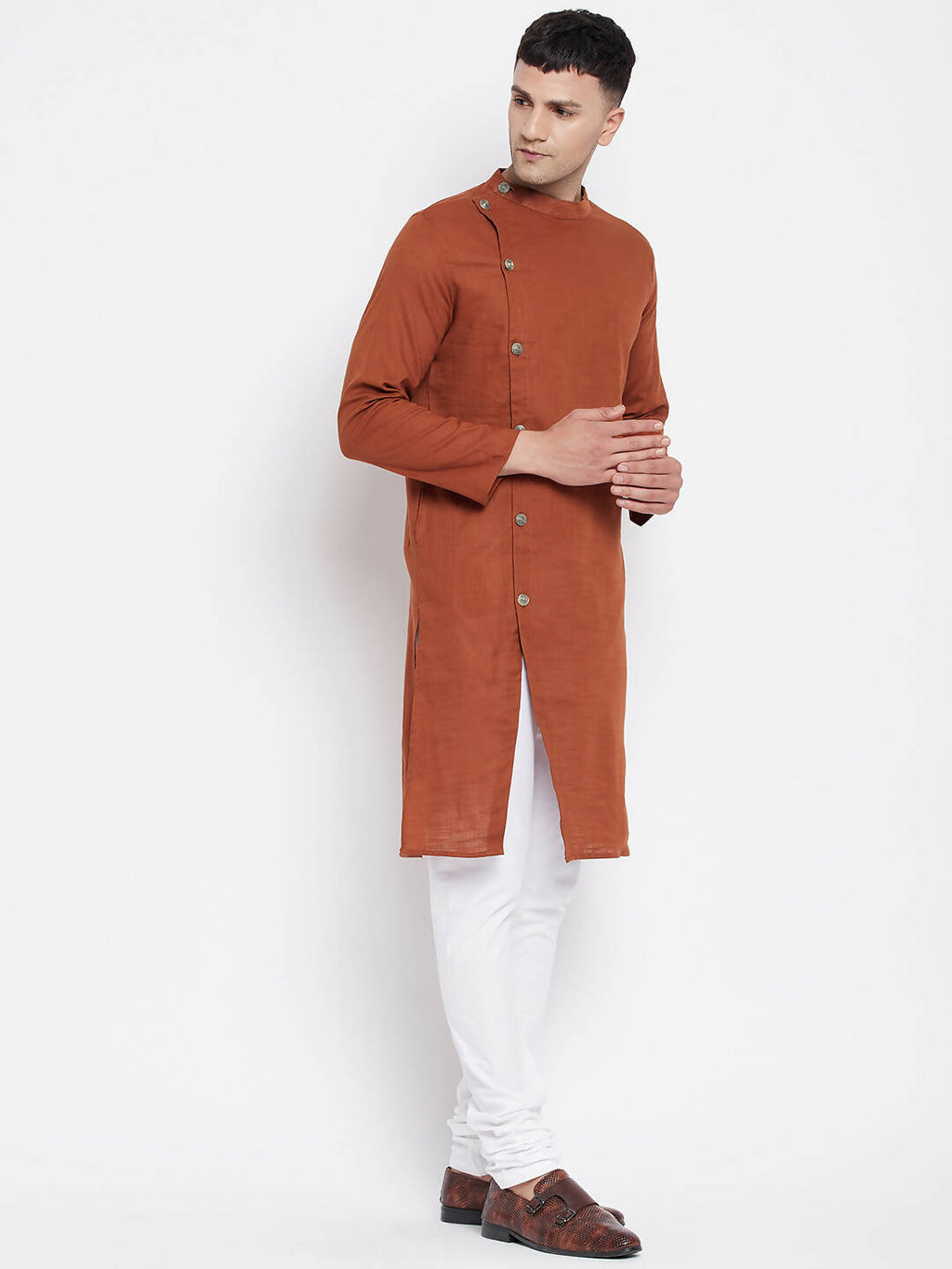 Even Apparels Brown Pure Cotton Men's Sherwani Kurta With Asymetrical Cut | Grocsy