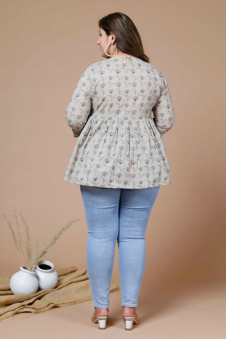 Miravan Women's Beige Plus Size Cotton Floral Printed Short Kurti | Grocsy