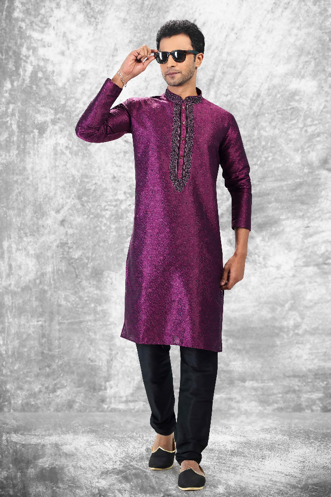 Raivat Ethnic Jacquard Silk Brocade Thread Work Kurta Pajama In Purple Colour | Grocsy