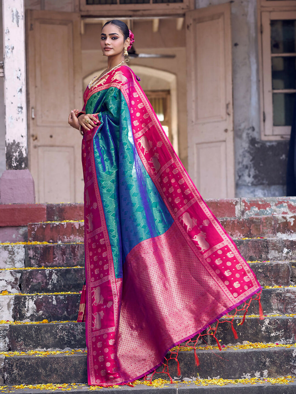 Shree Shyam Fashion Teal Soft Silk Saree | Grocsy