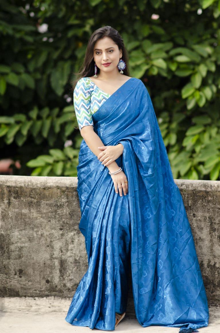 Blue Silk Blend Ethnic Motifs Saree with Unstitched Blouse - A2M | Grocsy