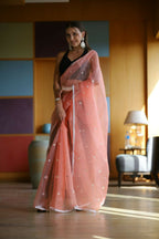 Vamsee Manbhari Peach Organza Saree | Grocsy