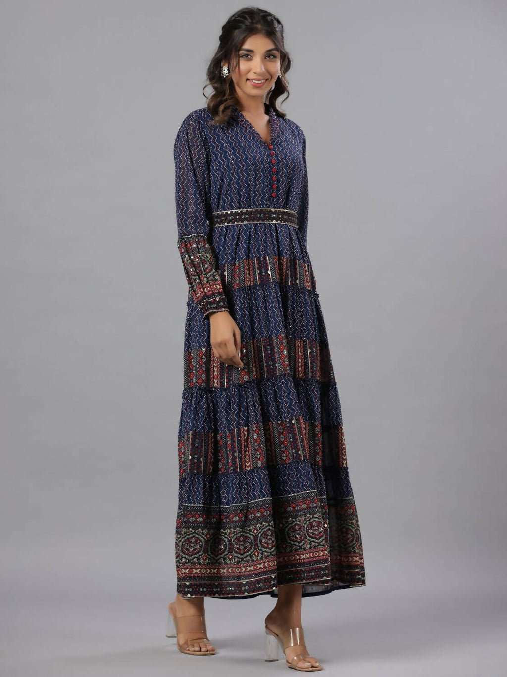 Juniper Women Navy Blue Georgette Printed Tiered Maxi Dress | Grocsy