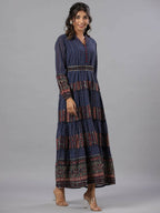 Juniper Women Navy Blue Georgette Printed Tiered Maxi Dress | Grocsy