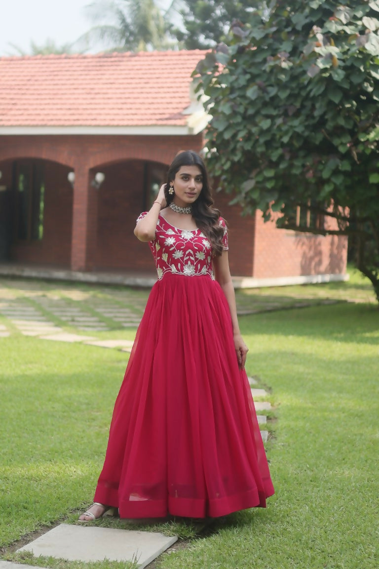 Jyoti Fashion Women's Rani Pink Sequins Embroidered Faux Georgette Anarkali Dress | Grocsy