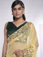 Cream Simmar Heavy Gotta Embroidery Work Saree with Unstitched Blouse - Vandini | Grocsy