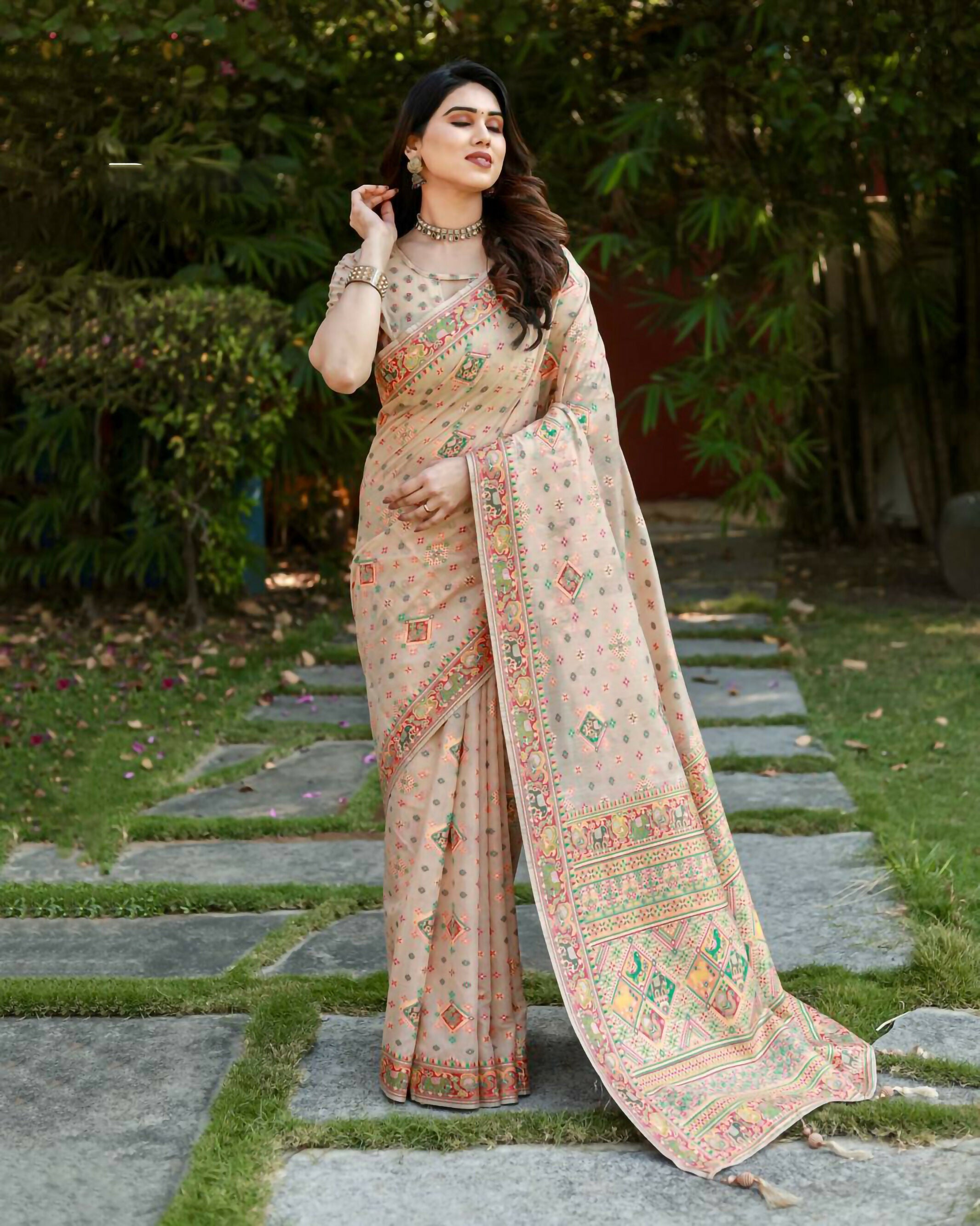 Vastranavya Luxury and Beautiful Soft, Smooth, Flowing Original Pashmina Soft Cotton Saree with Matching Blouse Fabric - Beige | Grocsy