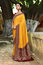 Joban Fashion Yellow Crepe Chiffon Pure Handloom Banarasi Silk Saree | Grocsy