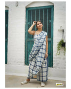 Exclusive Collection Beautiful Check Blue Pure Cotton Woven Handloom Saree With Running Blouse Piece | Grocsy