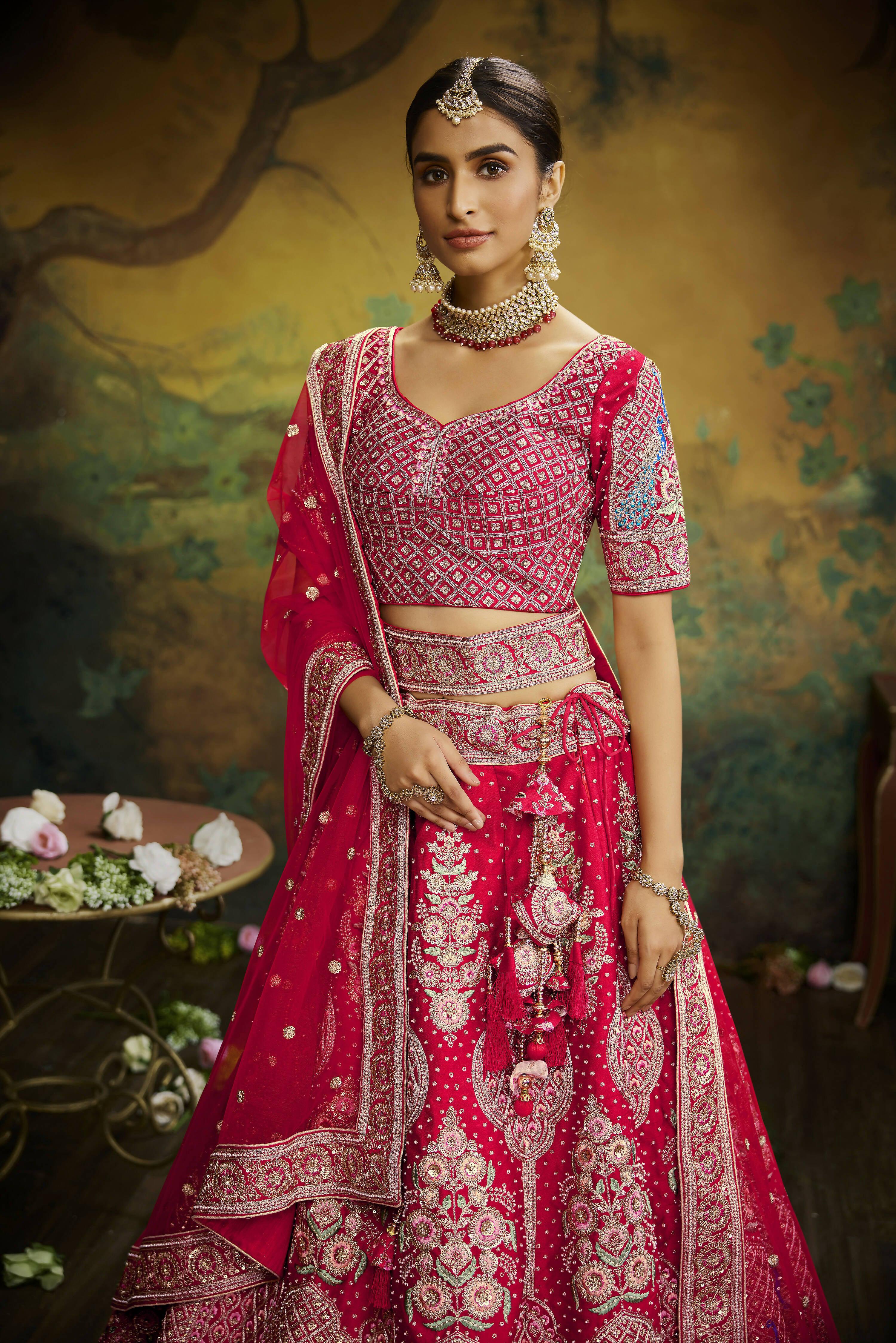 House of Panchhi Red Pure Silk Moti & Zarkan heavy embroidery Lehenga choli & Dupatta | Grocsy