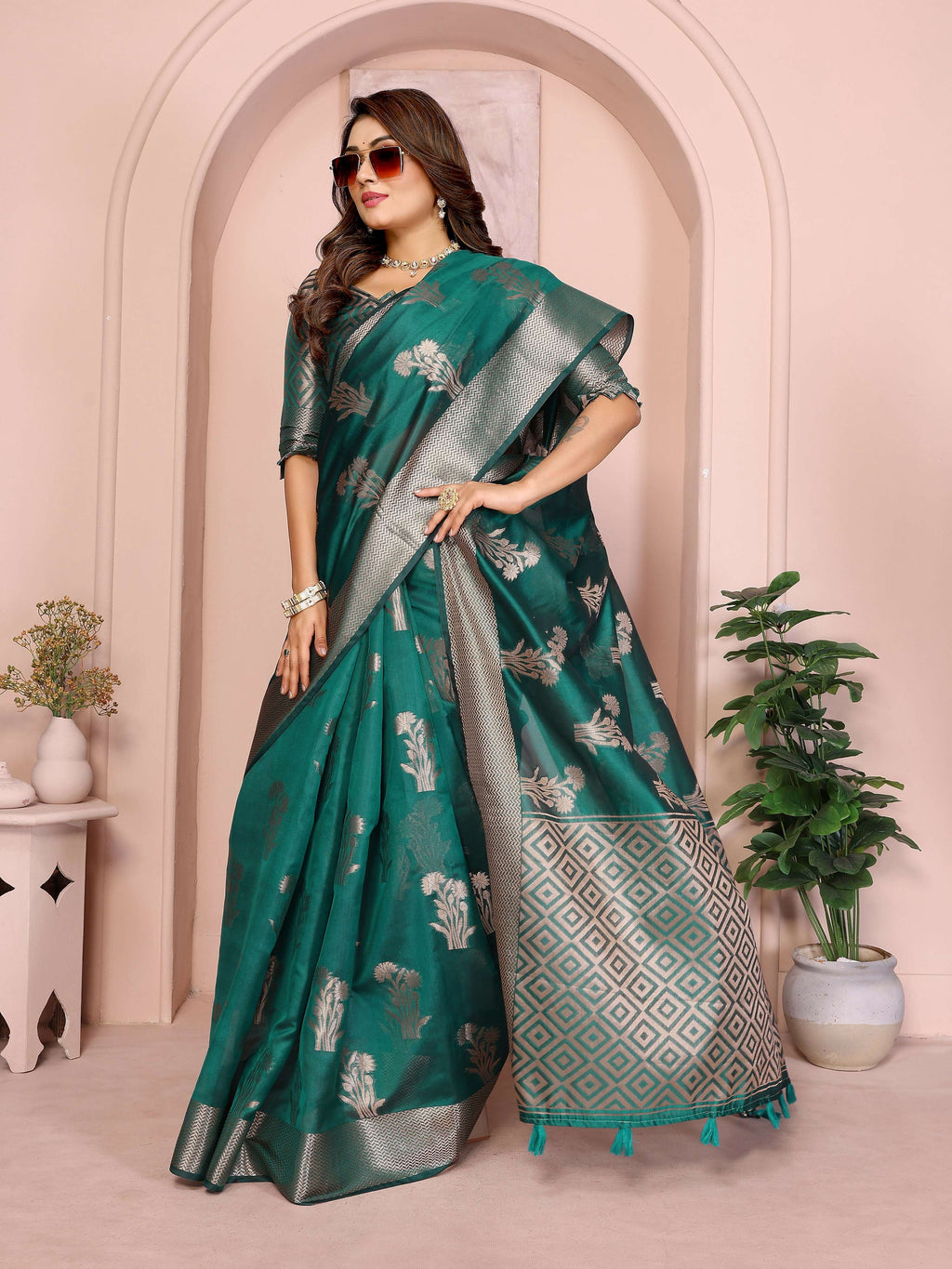 Aastha Fashion Green Soft Organza Silk Weaving Saree | Grocsy