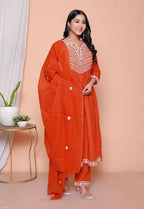 Miravan Womens Floral Embroidered Rust Straight Cotton Kurta & Palazzo With Dupatta Set | Grocsy