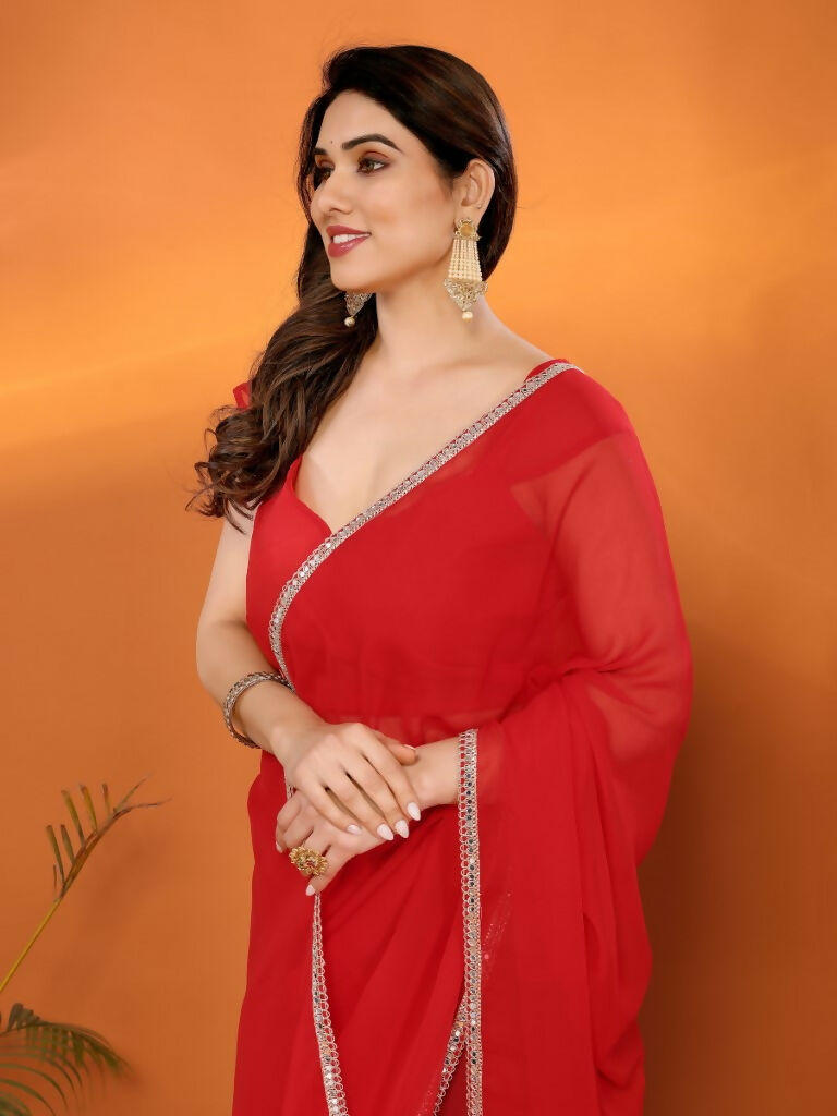 Designer Partywear Red Georgette Fancy Saree - Durga | Grocsy