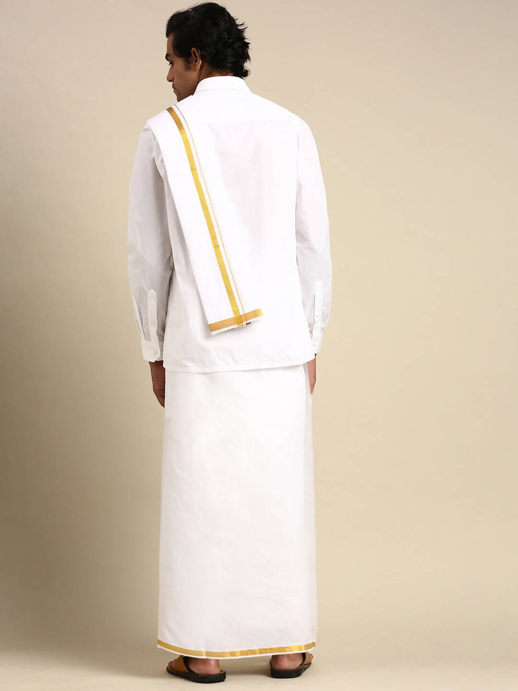 Ramraj Cotton Premium Wedding White Regular Dhoti, Shirt & Towel Set Arathi 1/2" | Grocsy